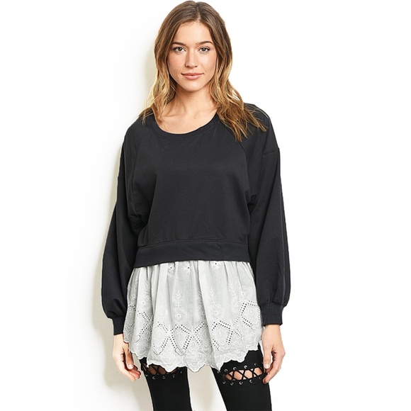 Charcoal Relax Fit Peplum Lace Ruffle Sweatshirts - Picture 6 of 8